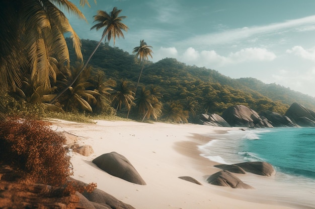 Пляж с пальмами и голубым океаном на заднем плане