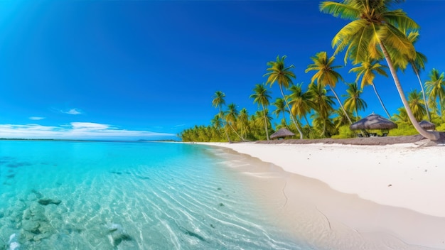 A beach with palm trees and a blue ocean