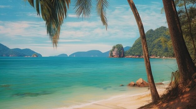 Пляж с пальмами и голубым океаном