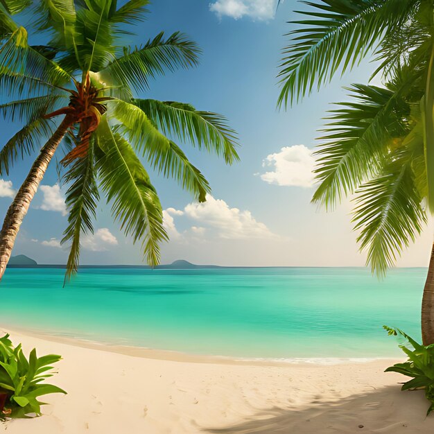 a beach with palm trees and a blue sky with a beach in the background