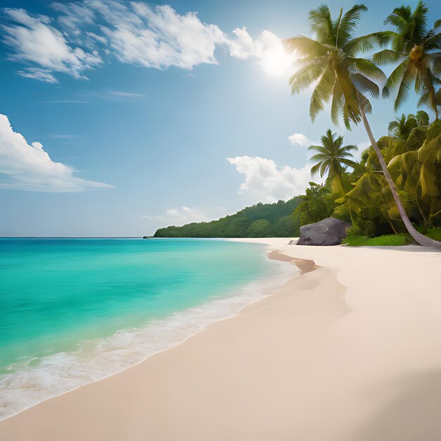пляж с пальмами и голубое небо с пляжем на заднем плане