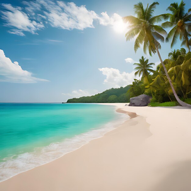 a beach with palm trees and a blue sky with a beach in the background