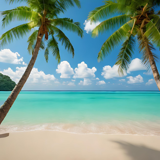 a beach with palm trees and a blue sky with a beach chair on the sand