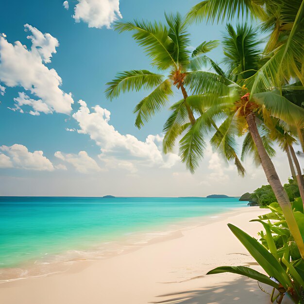 Foto una spiaggia con palme e un cielo blu con le nuvole sullo sfondo