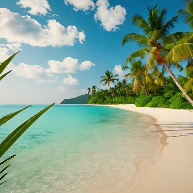 Photo a beach with palm trees and a blue sky with clouds