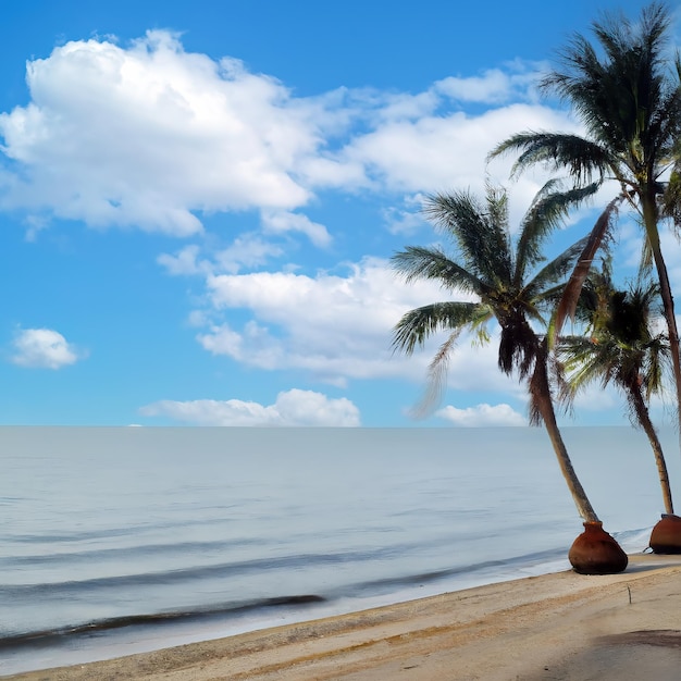 A beach with palm trees and a blue sky with clouds