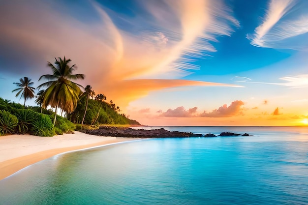 A beach with palm trees and a blue sky with clouds