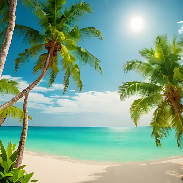 a beach with palm trees and a blue sky with the sun shining on the horizon