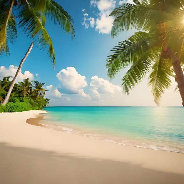a beach with palm trees and a blue sky with the sun shining through the clouds