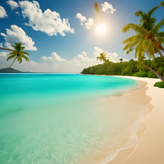 Foto una spiaggia con palme e un cielo blu con il sole che splende attraverso le nuvole