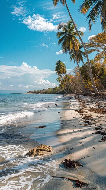 a beach with palm trees and a blue sky with the words  in the corner