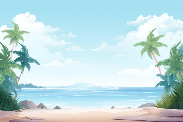 A beach with palm trees and a blue sky