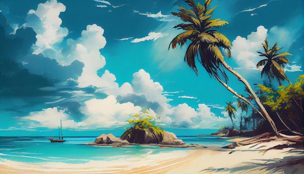 A beach with palm trees and a blue sky