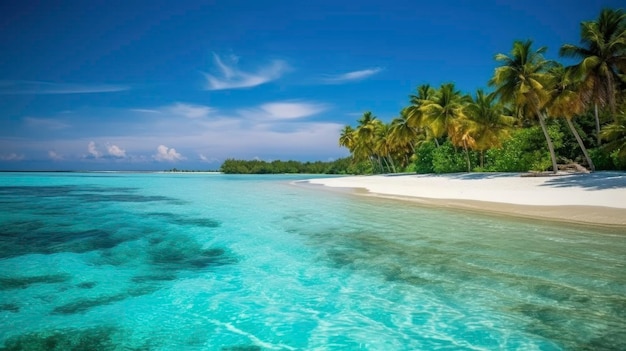 A beach with palm trees and a blue sky