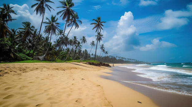 A beach with palm trees and a blue sky