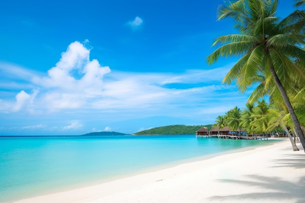 A beach with palm trees and a blue sky