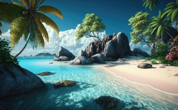 Photo a beach with palm trees and a blue sky