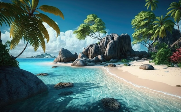 A beach with palm trees and a blue sky