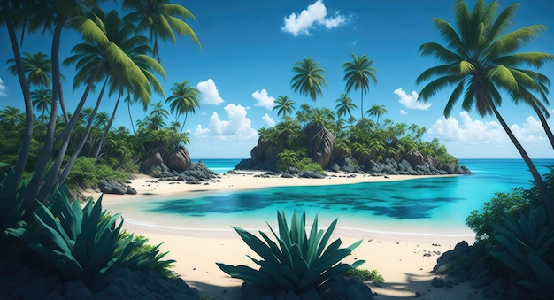 A beach with palm trees and a blue sky