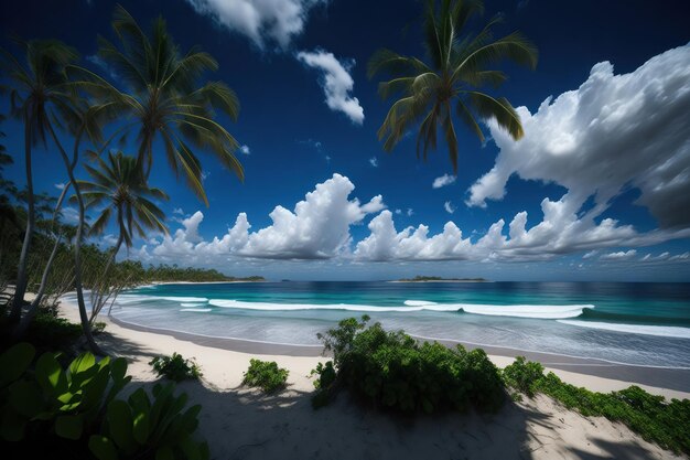 A beach with palm trees and a blue sky