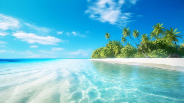 A beach with palm trees and a blue sky