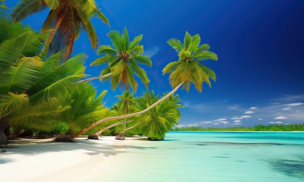 A beach with palm trees and a blue sky