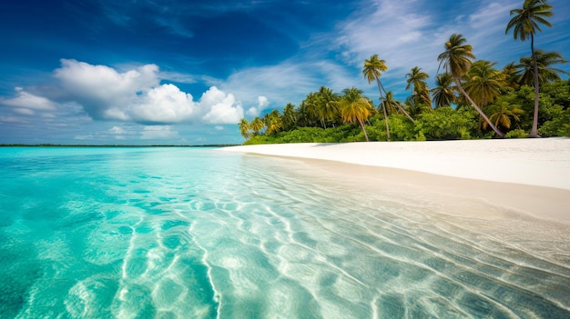 A beach with palm trees and a blue sky