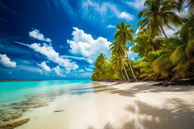 A beach with palm trees and a blue sky