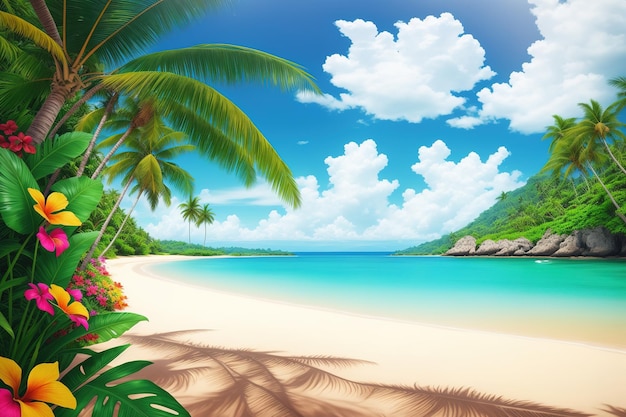 A beach with palm trees and a blue sky