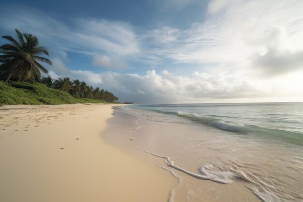 A beach with palm trees and a blue sky