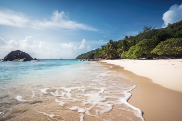 A beach with palm trees and a blue sky