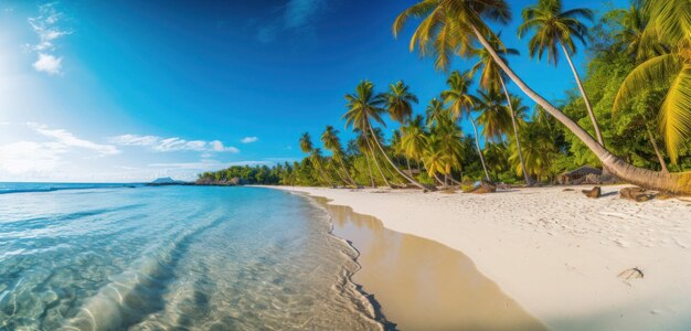 A beach with palm trees and a blue sky