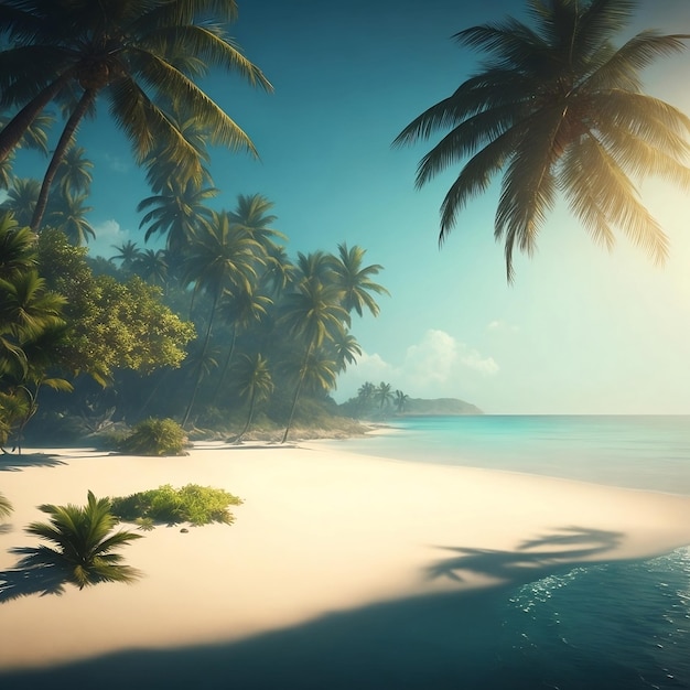 A beach with palm trees and a blue sky