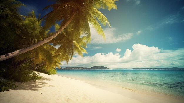 A beach with palm trees and a blue sky