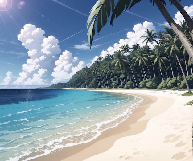 A beach with palm trees and a blue sky