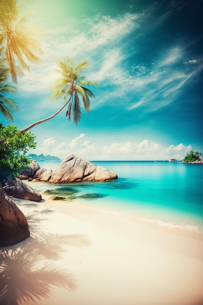 A beach with palm trees and a blue sky