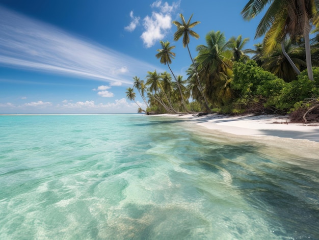 A beach with palm trees and a blue sky