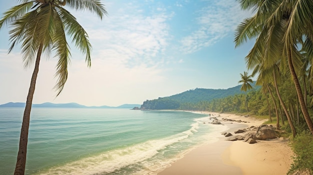 A beach with palm trees and a blue sky