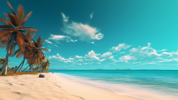 Пляж с пальмами и голубым небом