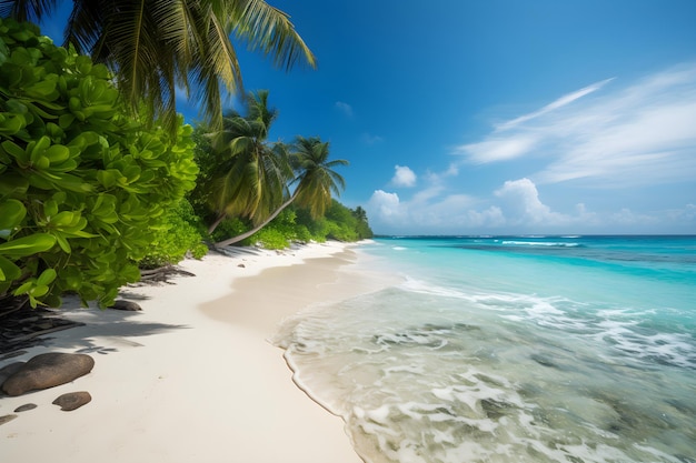 A beach with palm trees and a blue sky