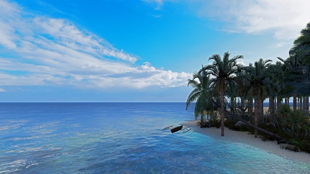 A beach with palm trees and a blue sky