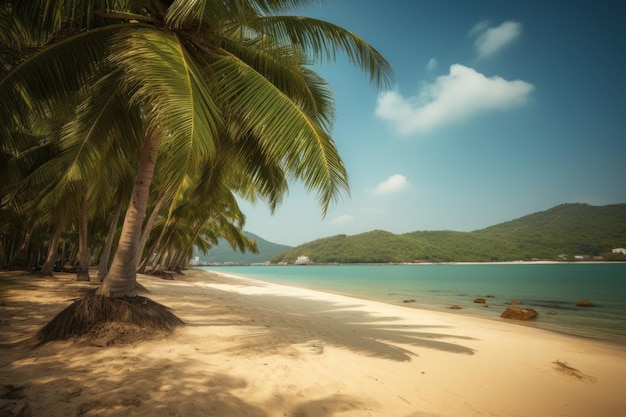 A beach with palm trees and a blue sky