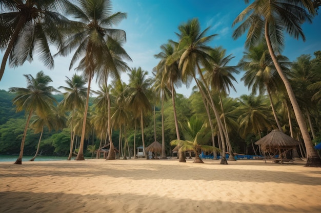 A beach with palm trees and a blue sky