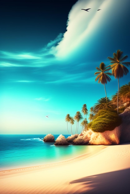 A beach with palm trees and a blue sky