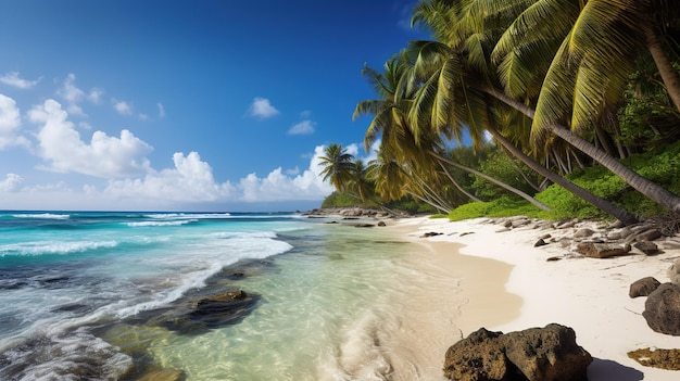 A beach with palm trees and a blue sky