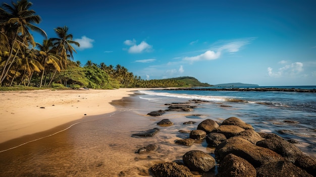 A beach with palm trees and a blue sky