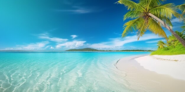 A beach with palm trees and a blue sky