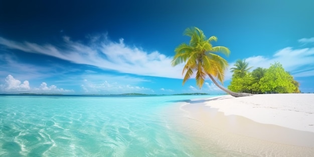 A beach with palm trees and a blue sky