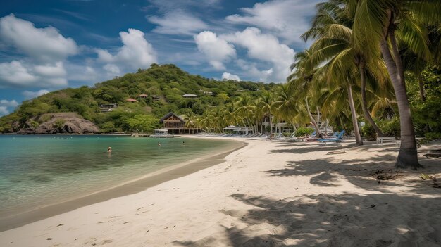 A beach with palm trees and a blue sky