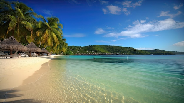 A beach with palm trees and a blue sky